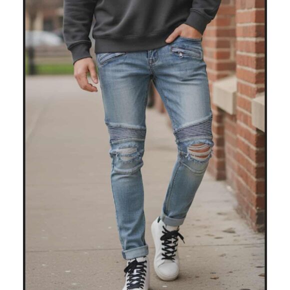 EDISON Biker Moto Jeans Size 32 Ribbed Skinny Distressed Streetwear Men's - Picture 1 of 12